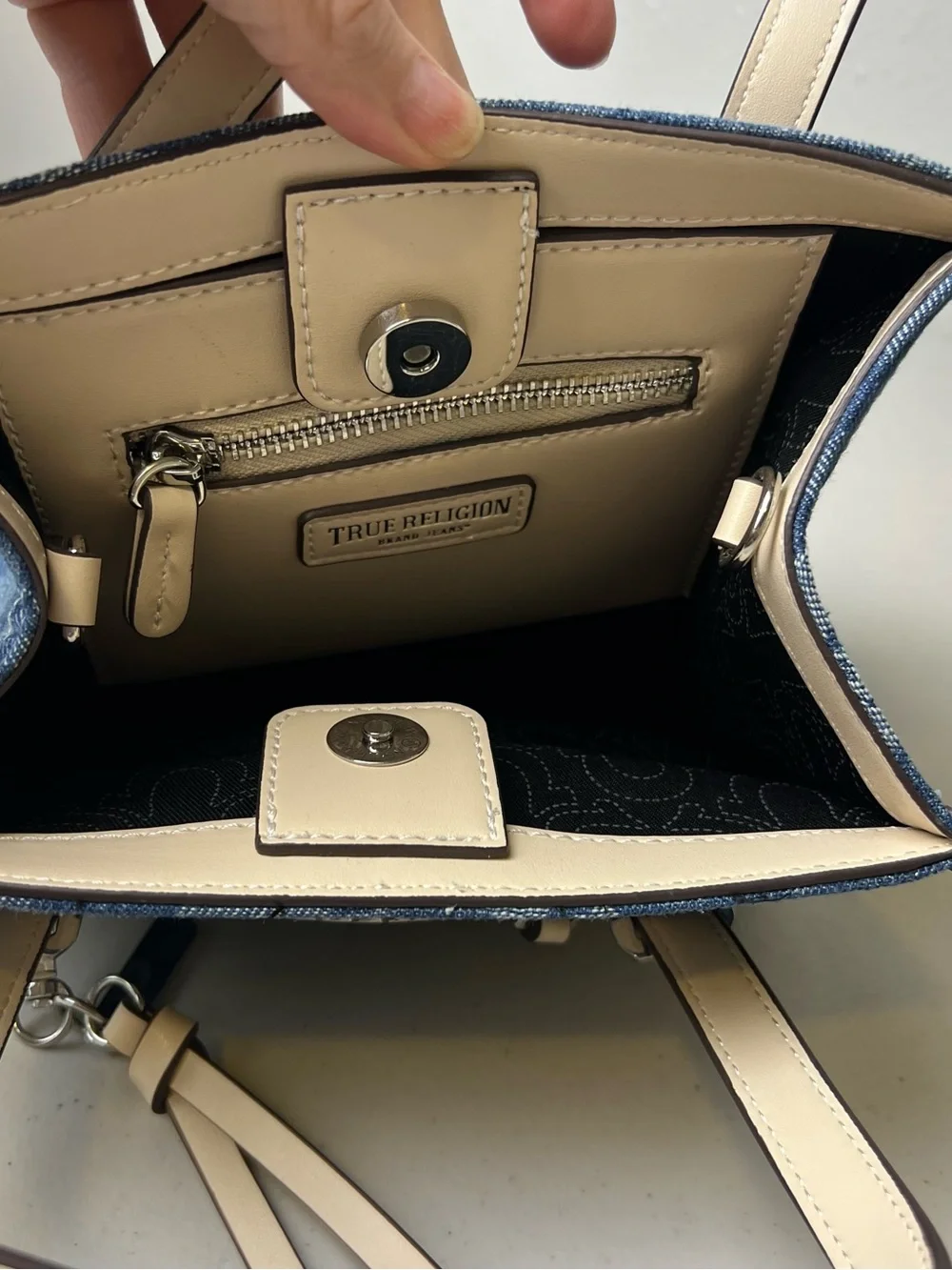 True Religion Blue Floral Denim Tote Purse Shoulder Bag with Cream Trim